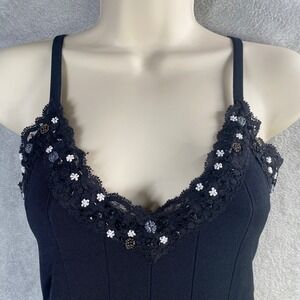 Yuka Black Lace Trim Beaded‎ Camisole Tank Top PM Ribbed Y2k Babydoll Romantic